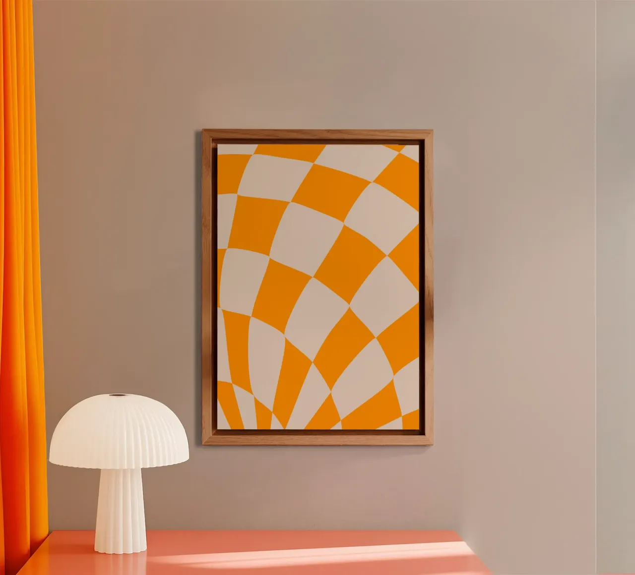 "Checkerboard Glow" – Orange & Beige Checkered Print pannello forex da PrintCessStudio