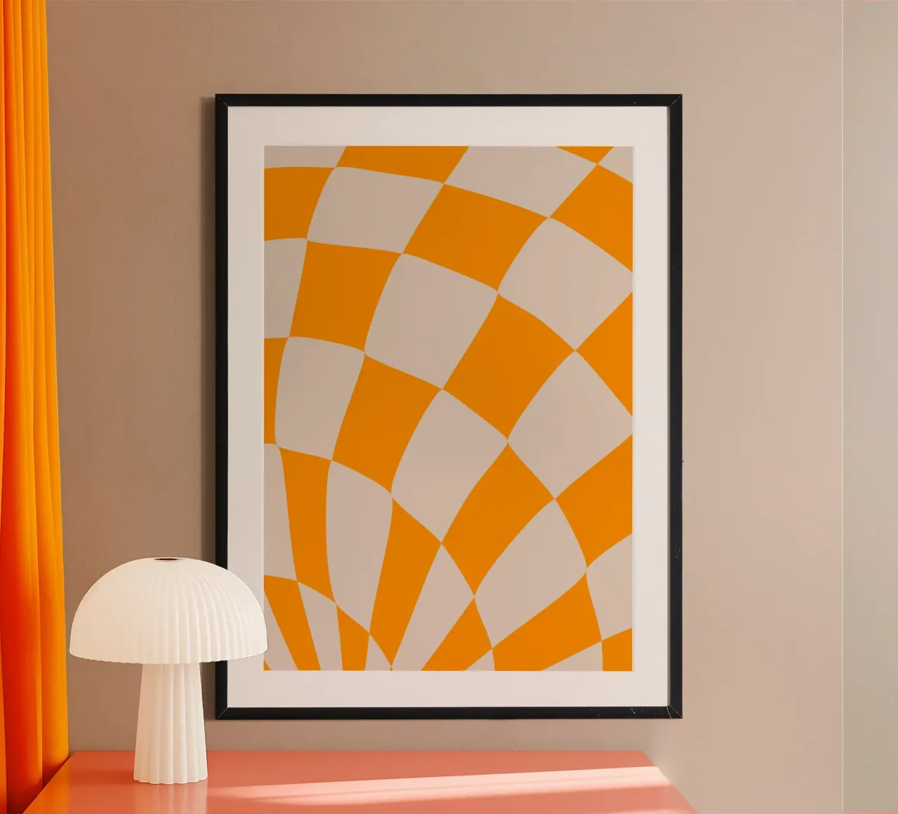 "Checkerboard Glow" – Orange & Beige Checkered Print carta hahnemühle da PrintCessStudio