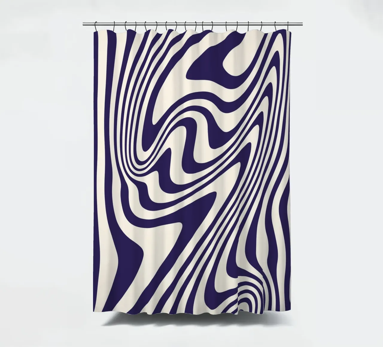 "Hypnotic Flow" – Bue & White Wavy Optical Print cortina de baño de PrintCessStudio