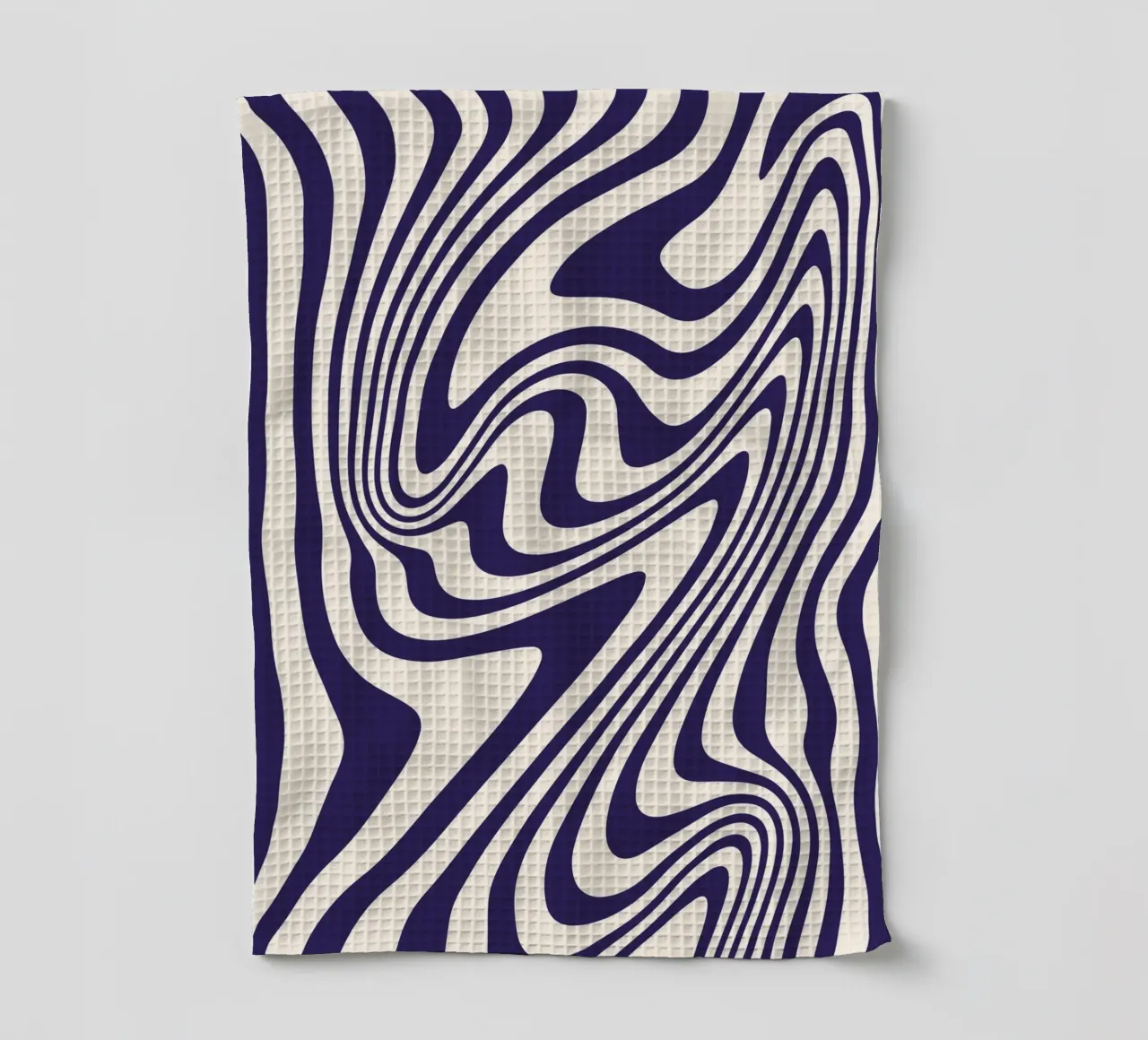 "Hypnotic Flow" – Bue & White Wavy Optical Print canovaccio da cucina da PrintCessStudio