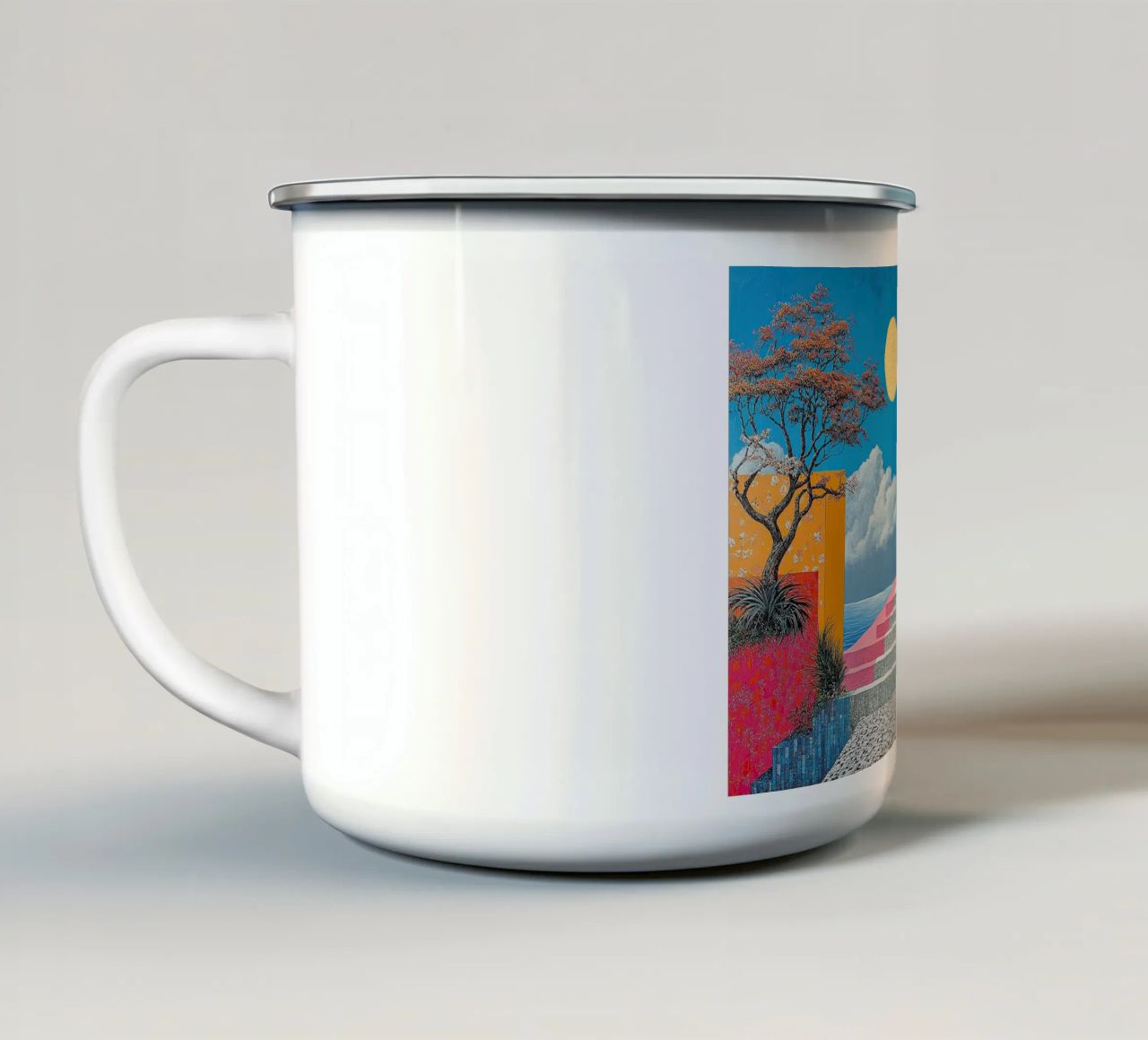 Surrealismus Architektur Design Geometrie Emaille Tasse von Nikis Art Studio