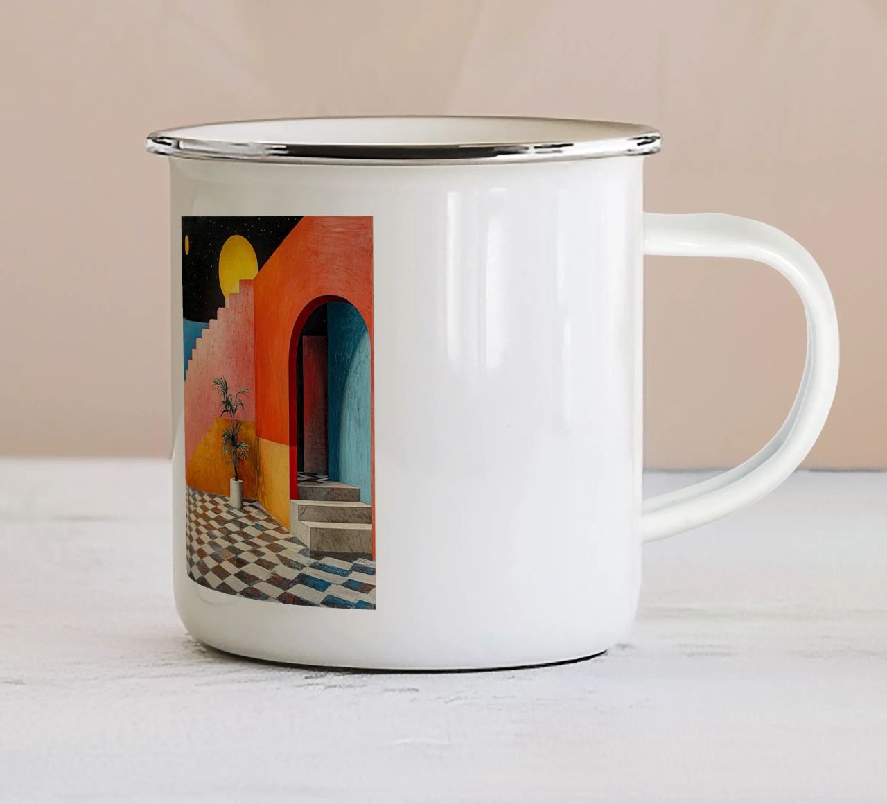 Surrealismus Architektur Design Geometrie Emaille Tasse von Nikis Art Studio