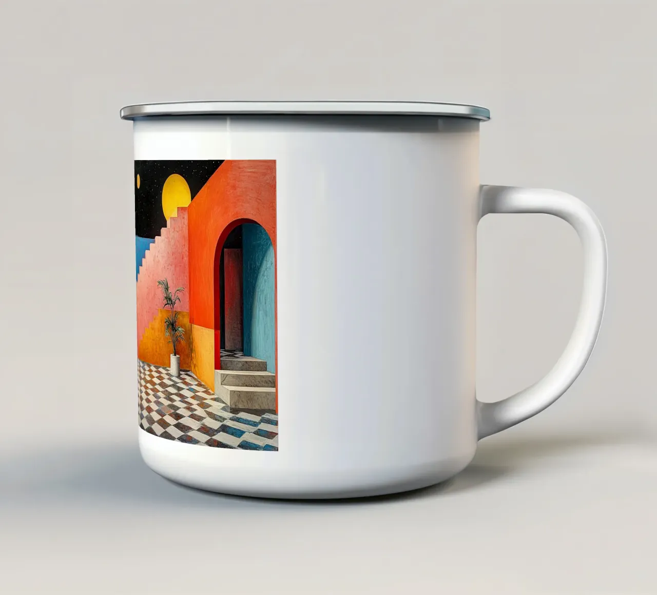 Surrealisme Architectuur Ontwerp Meetkunde emaille mok van Nikis Art Studio