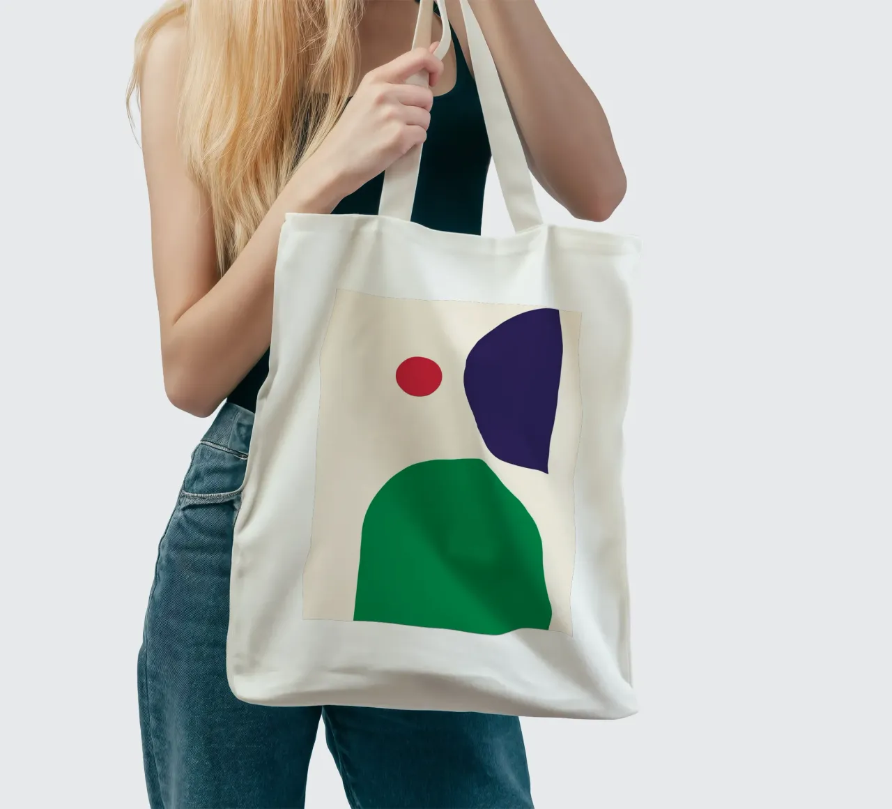Dynamic Bauhaus Geometric Art Print – Bold Blue, Red & Green borsa in juta da PrintCessStudio