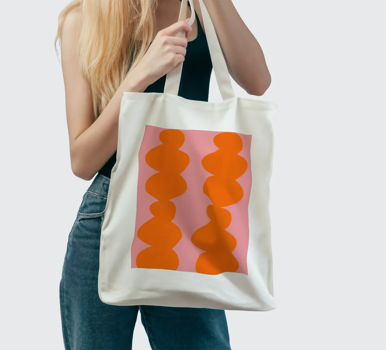 Flowing Orange Organic Shapes on Pink – Abstract Art Print borsa in juta da PrintCessStudio