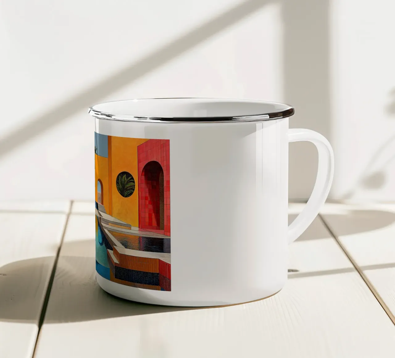 Surrealismus Architektur Design Geometrie Emaille Tasse von Nikis Art Studio