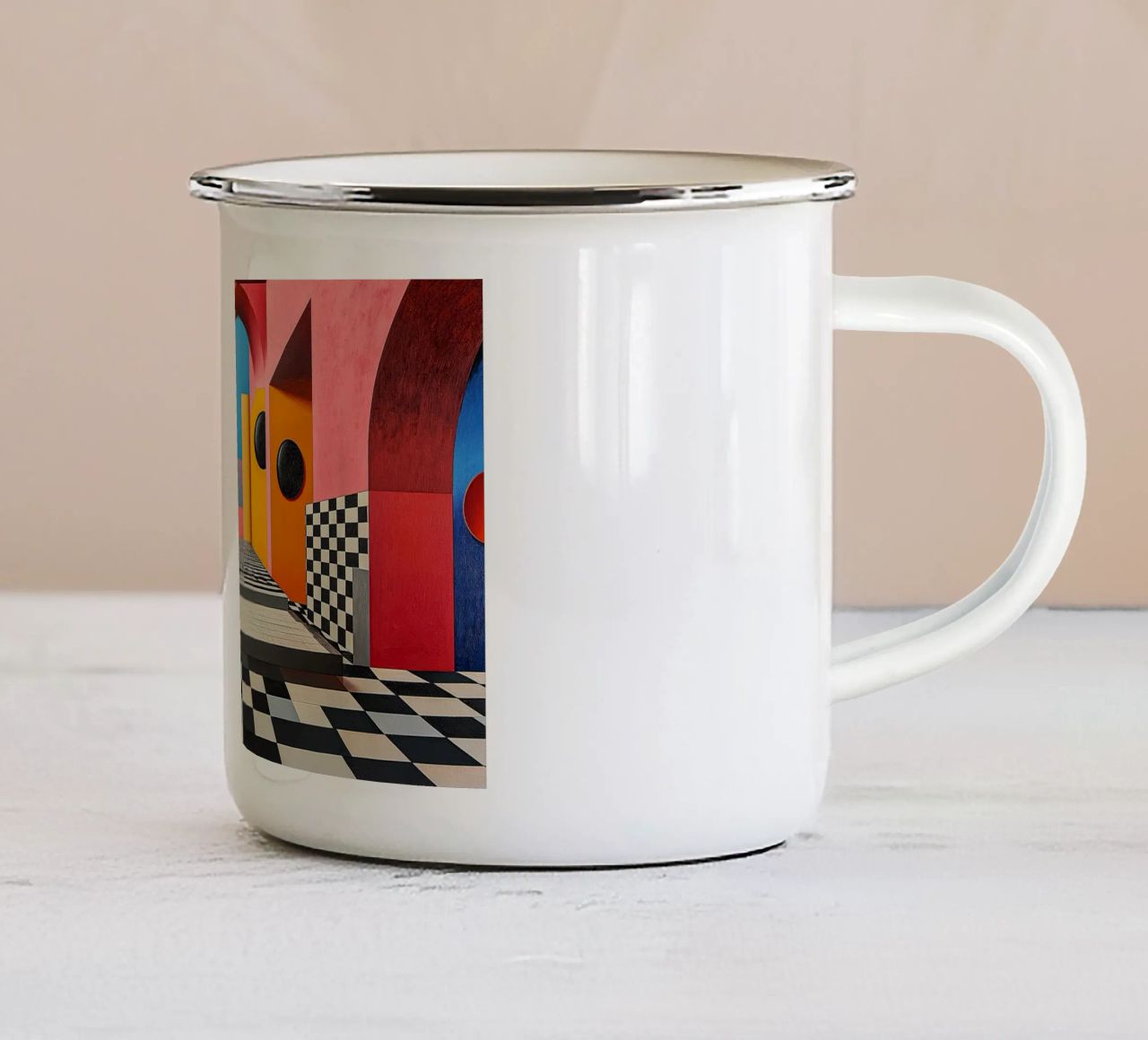 Surrealismus Architektur Design Geometrie Emaille Tasse von Nikis Art Studio