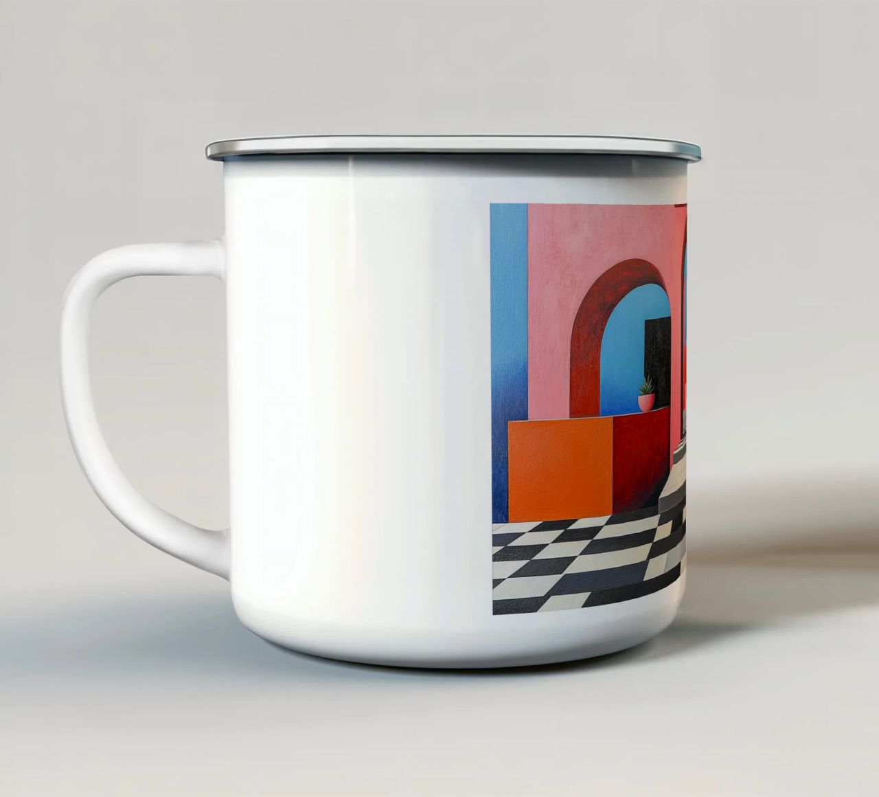 Surrealismus Architektur Design Geometrie Emaille Tasse von Nikis Art Studio