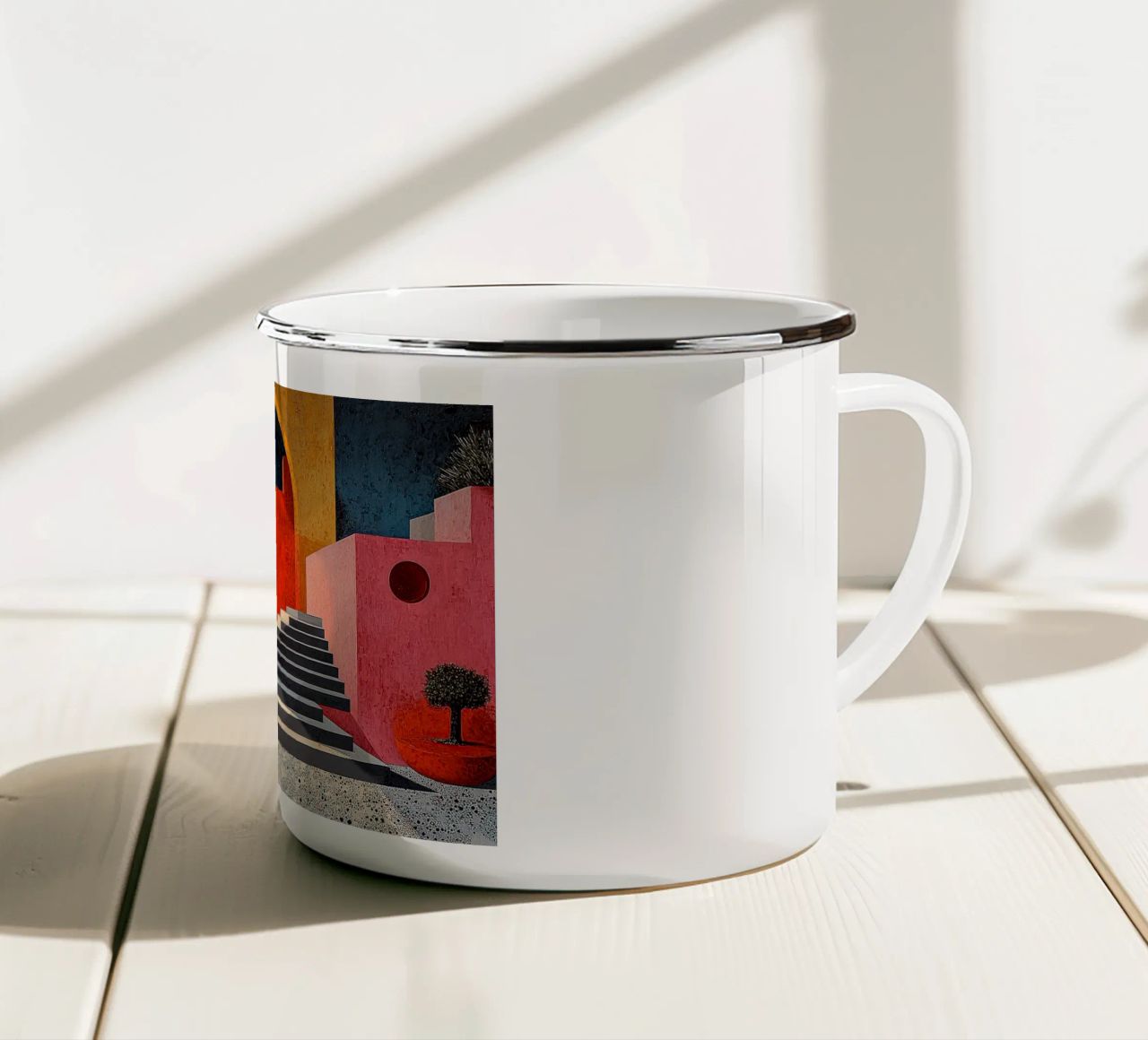 Surrealismus Architektur Design Geometrie Emaille Tasse von Nikis Art Studio