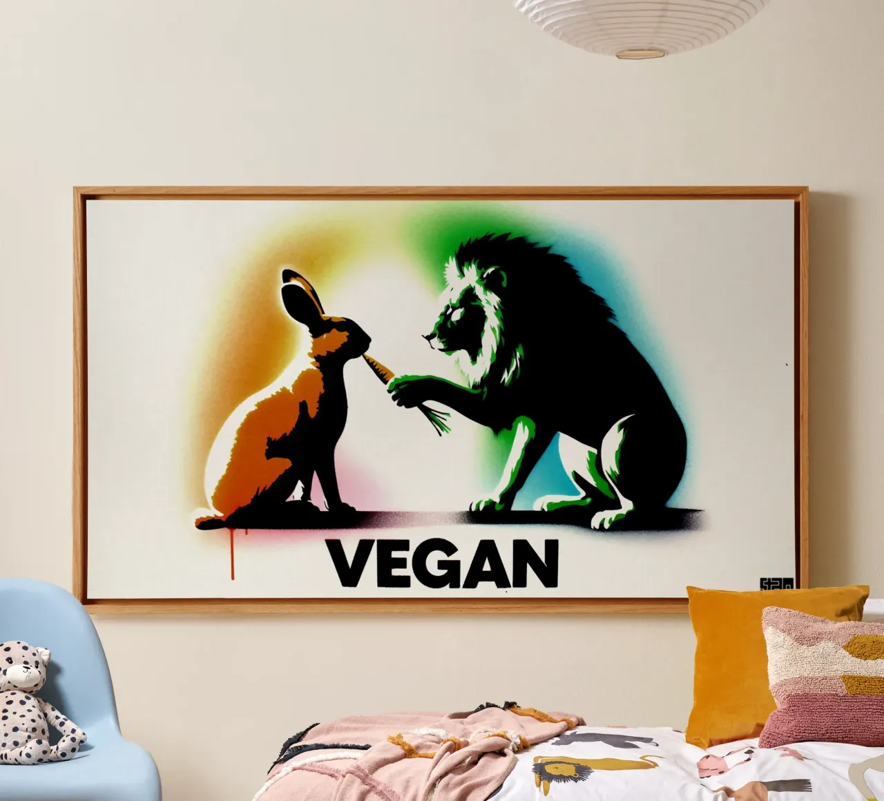 vegan lion & rabbit – Stencil, Graffiti & Streetart Leinwand mit Schattenfugenrahmen von STAN Z.