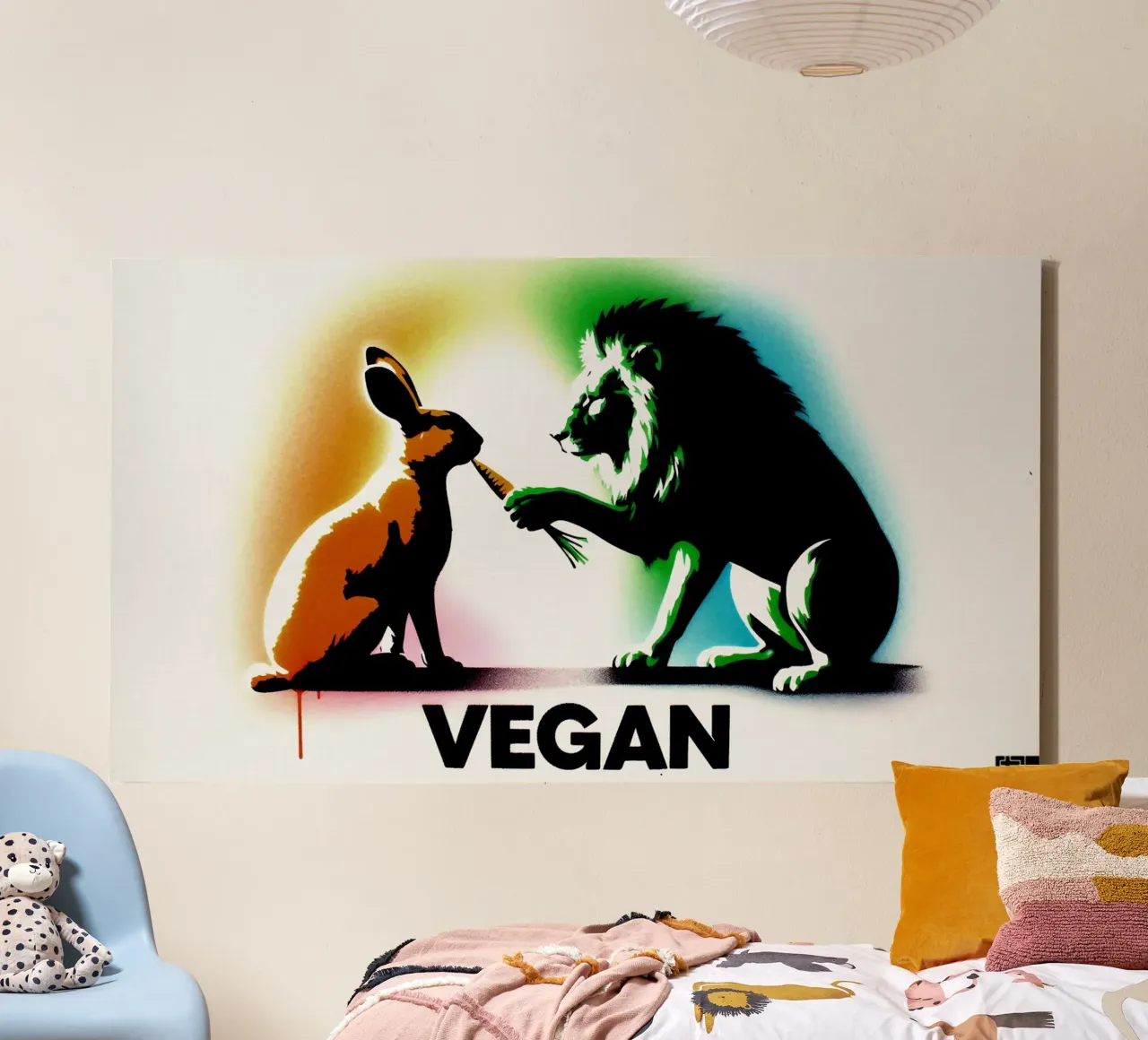vegan lion & rabbit – Stencil, Graffiti & Streetart Leinwand mit Schattenfugenrahmen von STAN Z.