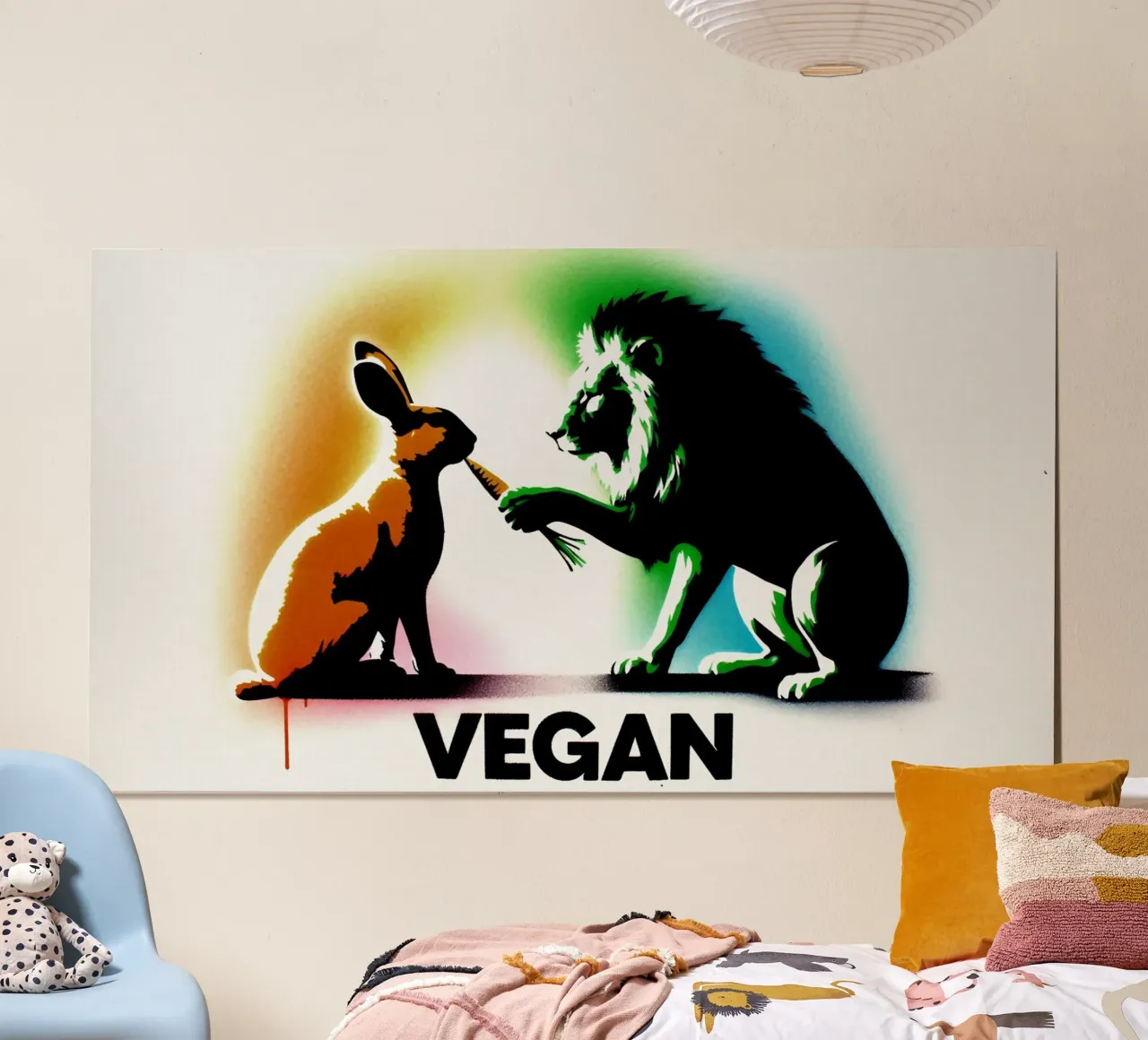 vegan lion & rabbit – Stencil, Graffiti & Streetart poster met houten frame van STAN Z.