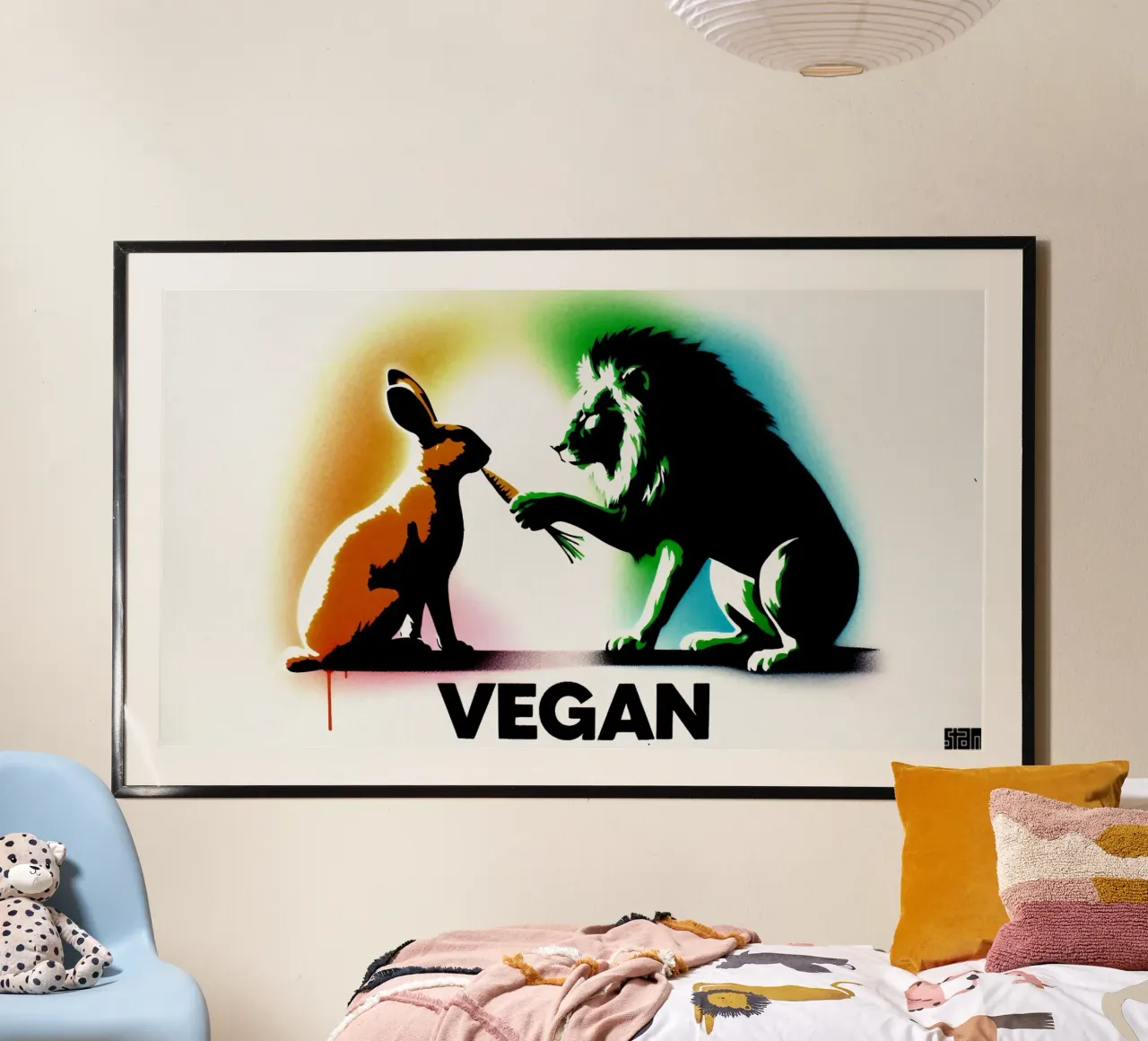 vegan lion & rabbit – Stencil, Graffiti & Streetart poster met houten frame van STAN Z.