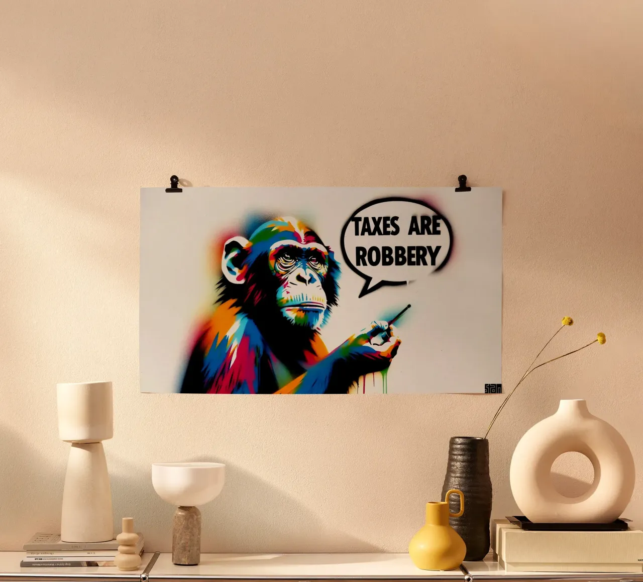 taxes are robbery – Stencil, Graffiti & Streetart poster con telaio in alluminio da STAN Z.