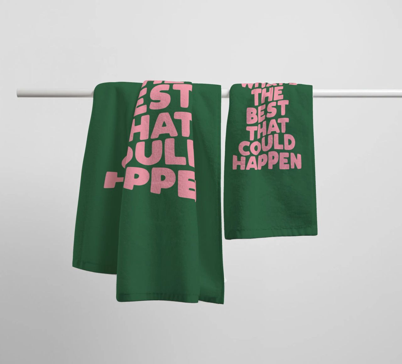 What's The Best That Could Happen Typography in Pink Green towel by THE MOTIVATED TYPE
