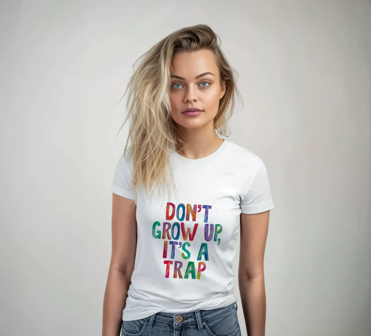 Non crescere è una trappola Design tipografico arcobaleno t-shirt da donna da THE MOTIVATED TYPE