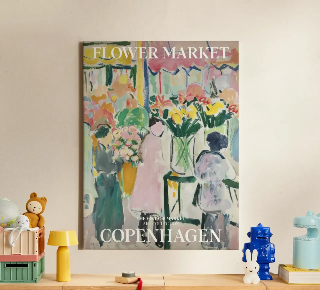 Quadro d'epoca del mercato dei fiori Copenaghen, Danimarca tela con Cornice a cassetta da Peaches Art Prints