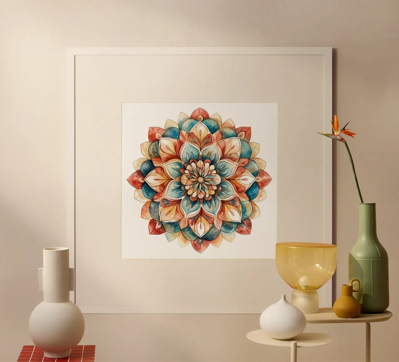 Mandala terrestre ad acquerello poster con telaio in alluminio da Spiritual Touch