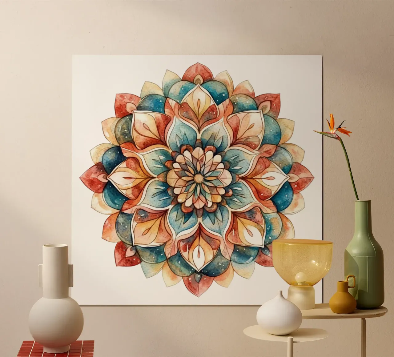 Mandala terrestre ad acquerello poster con telaio in alluminio da Spiritual Touch
