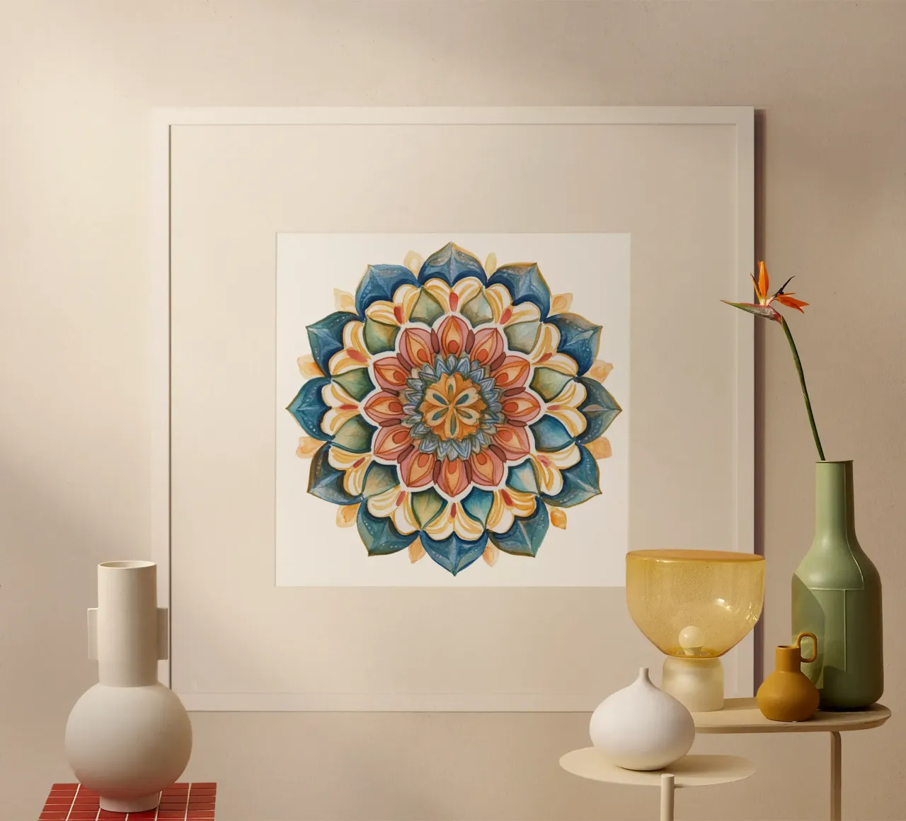 Mandala terrestre ad acquerello poster con telaio in alluminio da Spiritual Touch