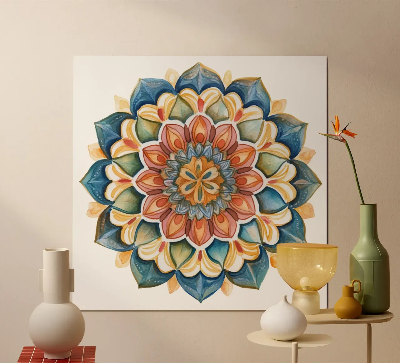 Mandala terrestre ad acquerello poster con telaio in alluminio da Spiritual Touch