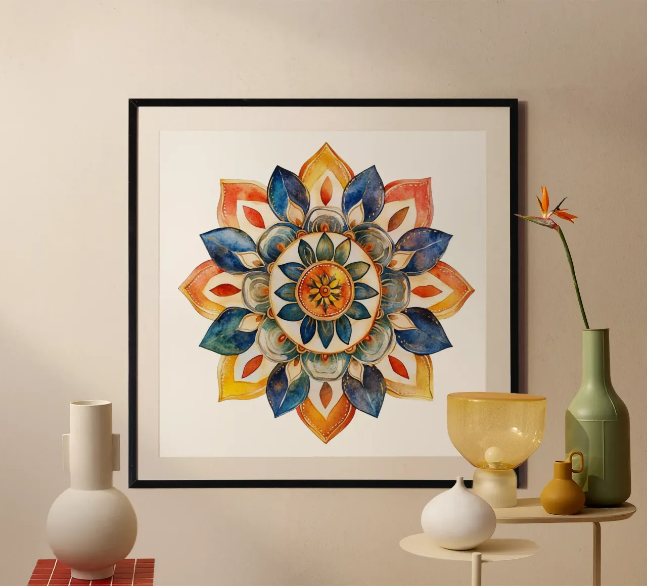 Mandala terrestre ad acquerello poster con telaio in alluminio da Spiritual Touch