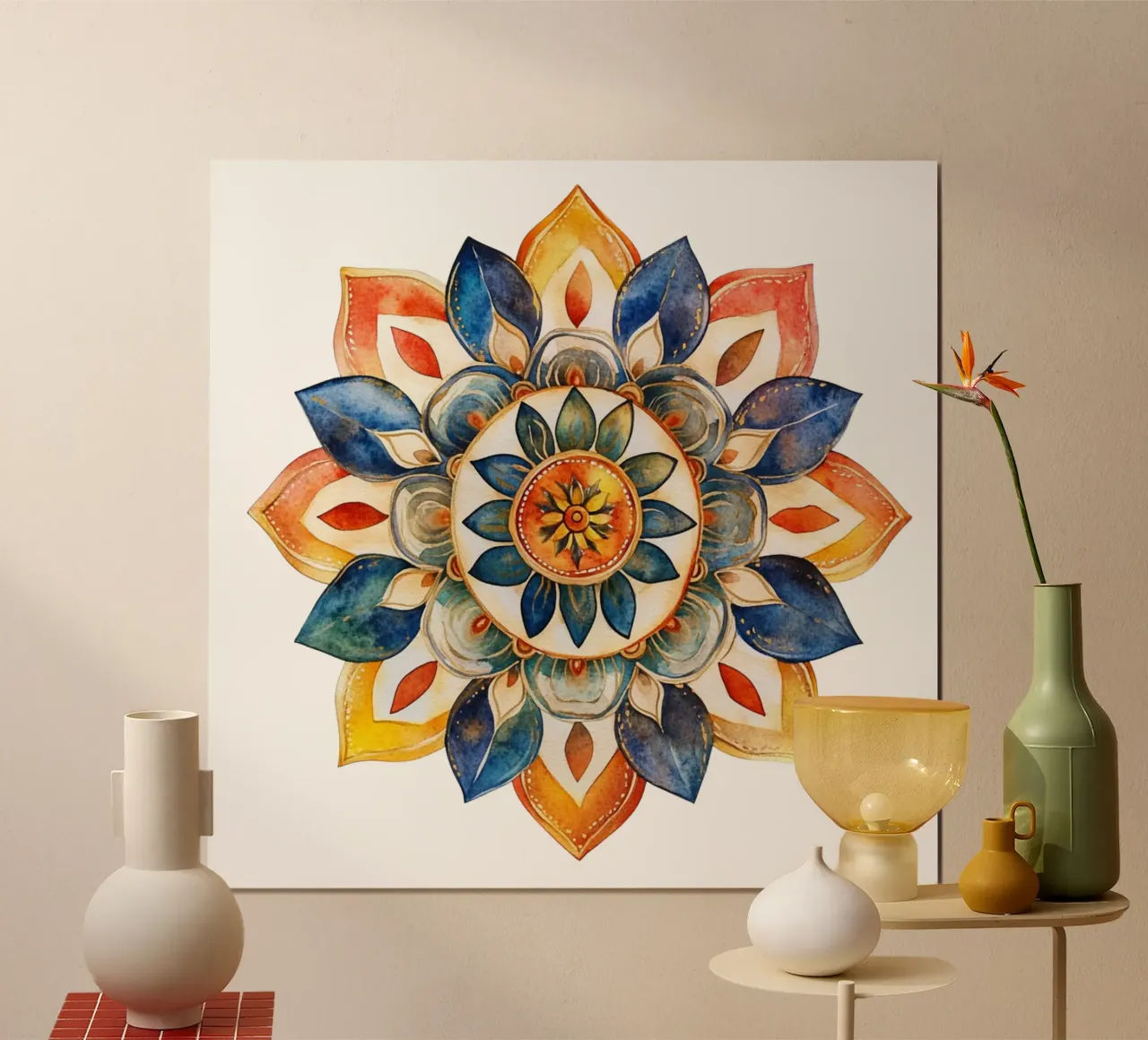 Mandala terrestre ad acquerello poster con telaio in alluminio da Spiritual Touch