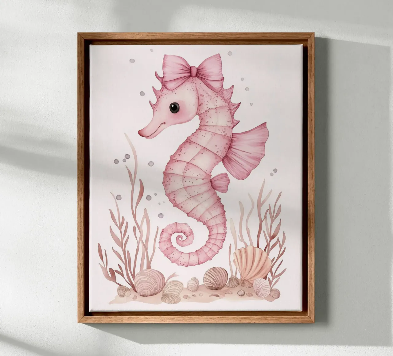 Caballito de mar rosa con lazos rosas Conchas Algas Lindo animal lienzo con Marco flotante de Gentle Echoes Art