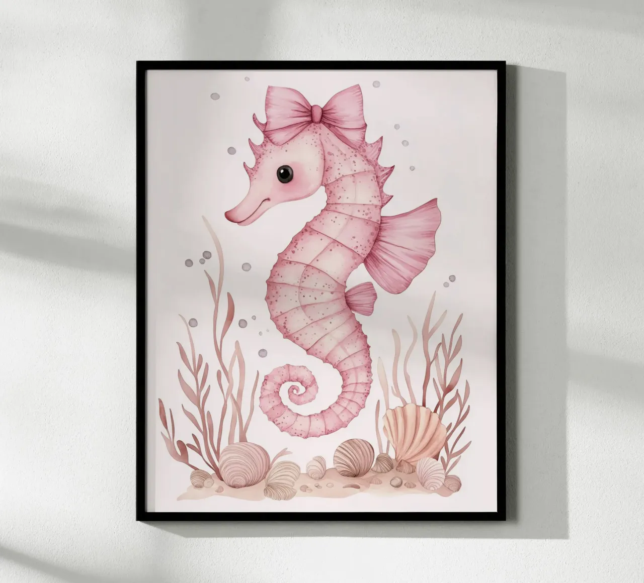 Caballito de mar rosa con lazos rosas Conchas Algas Lindo animal poster de Gentle Echoes Art