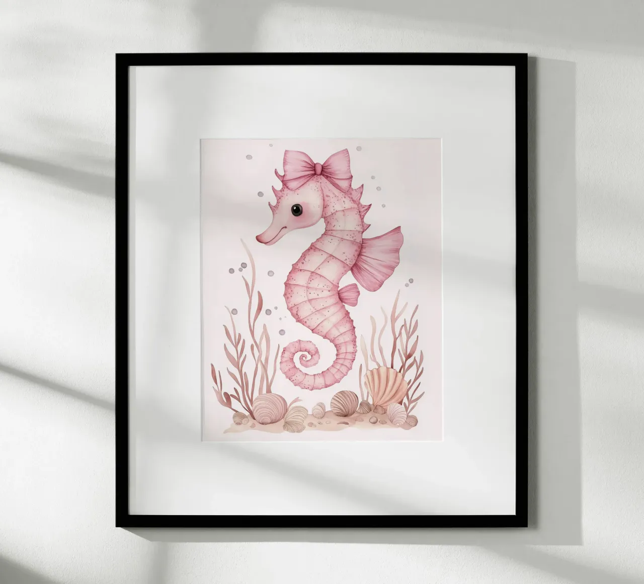 Caballito de mar rosa con lazos rosas Conchas Algas Lindo animal poster de Gentle Echoes Art