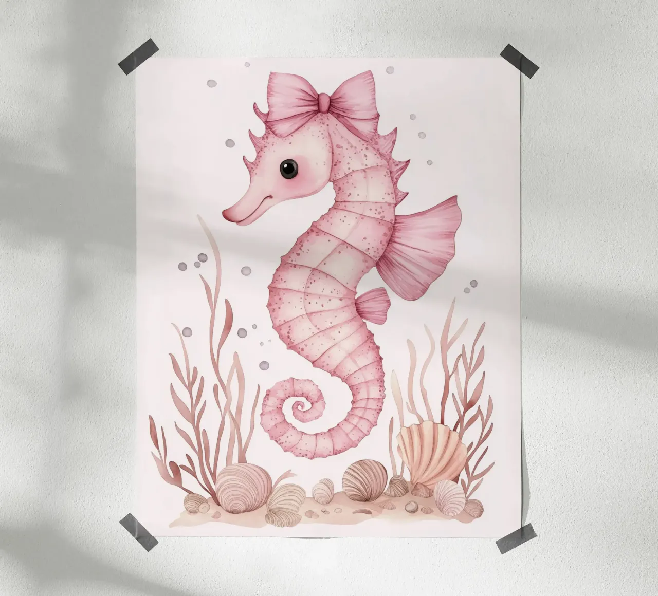 Caballito de mar rosa con lazos rosas Conchas Algas Lindo animal poster de Gentle Echoes Art