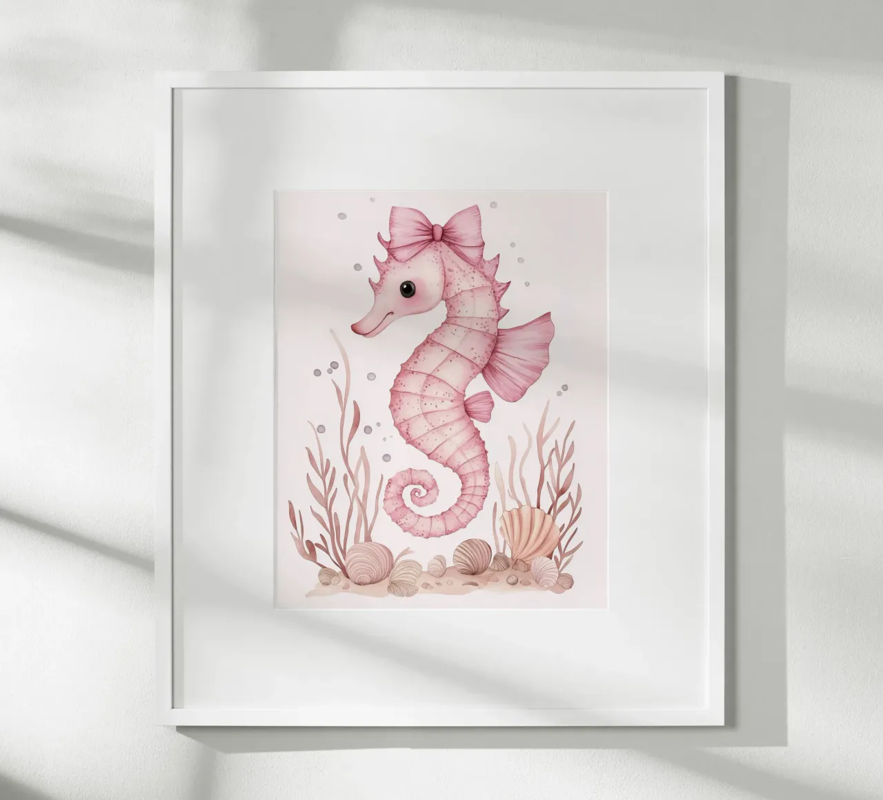 Caballito de mar rosa con lazos rosas Conchas Algas Lindo animal poster de Gentle Echoes Art