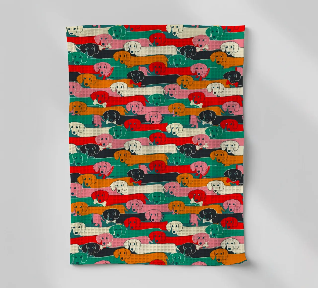 Colorful Dachshund Dog Pattern tea towel by showmemars