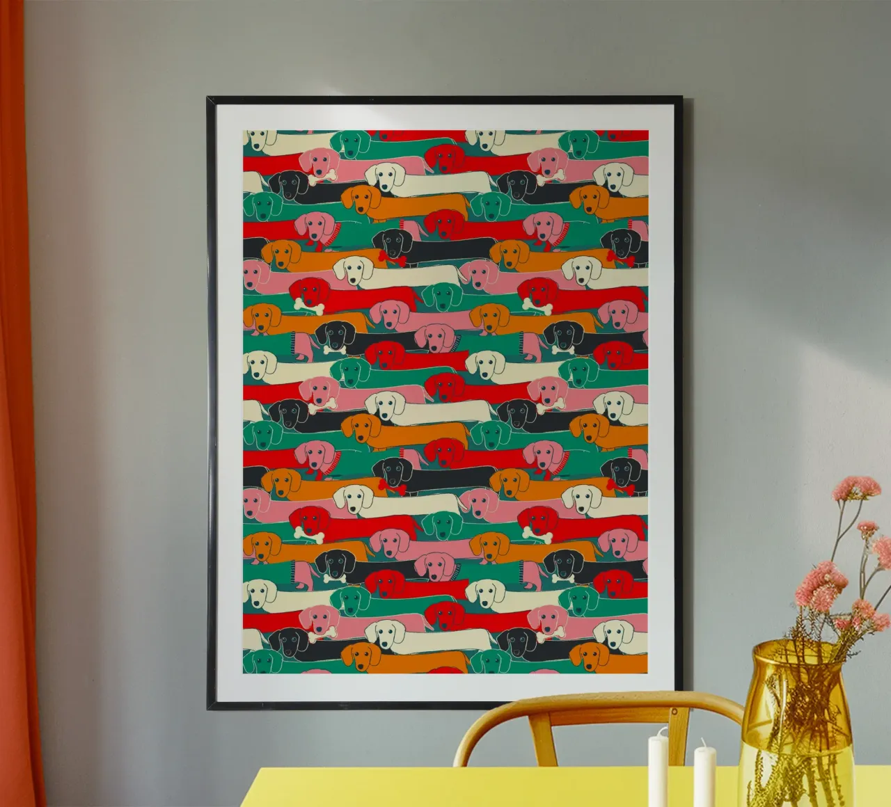 Colorful Dachshund Dog Pattern poster con telaio in legno da showmemars