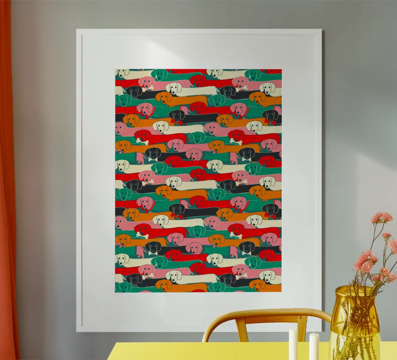 Colorful Dachshund Dog Pattern poster con telaio in legno da showmemars