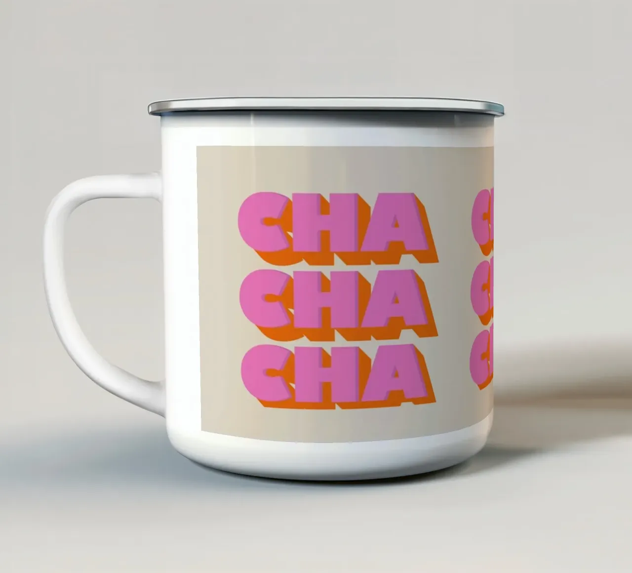 Retro "Cha Cha Cha" Typography Art Print In Pink And Orange mug en émail de showmemars