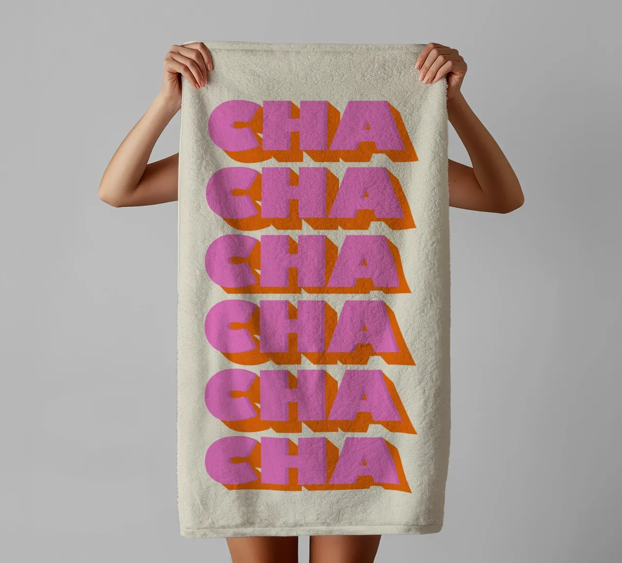 Retro "Cha Cha Cha" Typography Art Print In Pink And Orange towel by showmemars