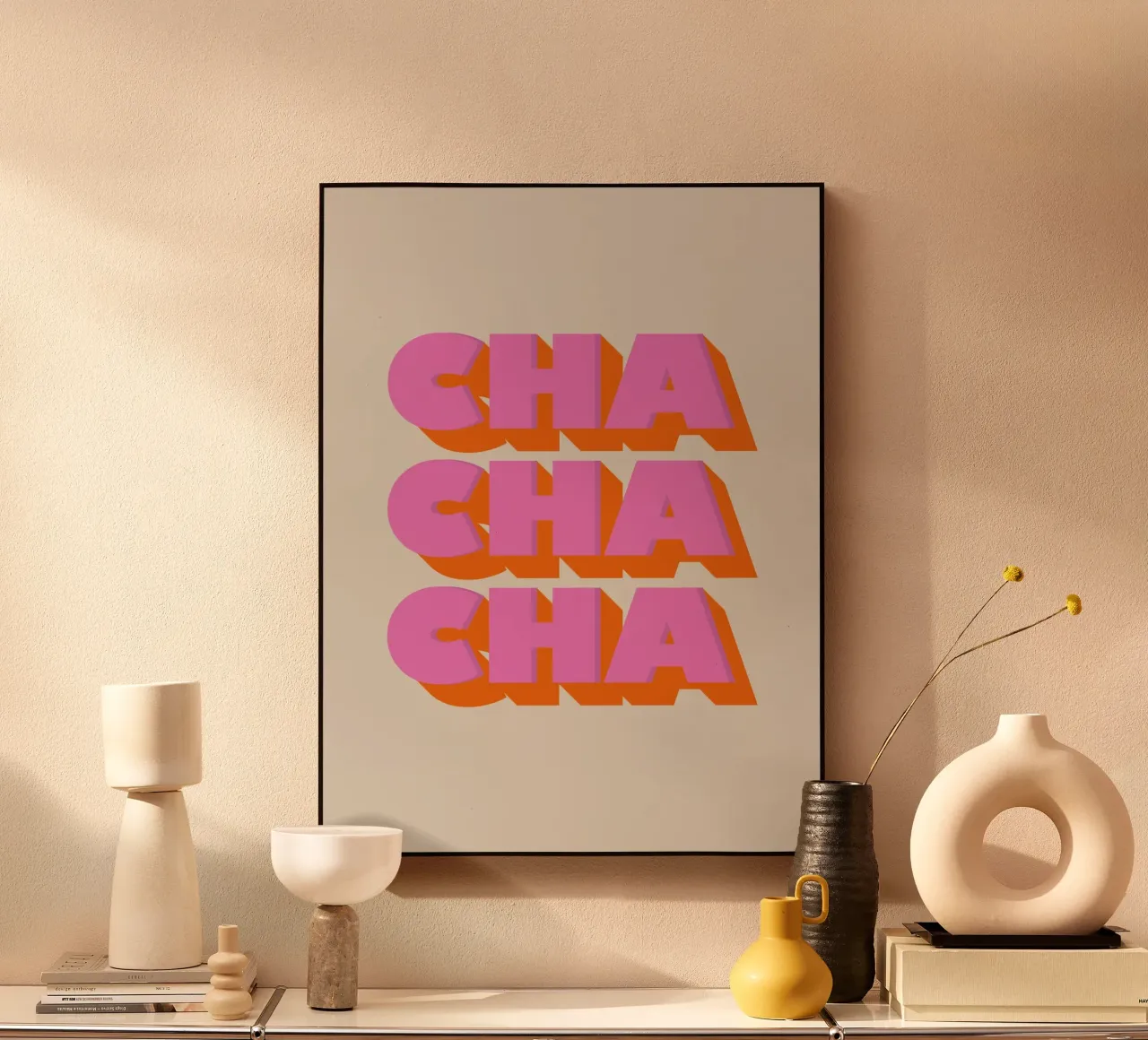 Retro "Cha Cha Cha" Typography Art Print In Pink And Orange Acryl-Glas von showmemars