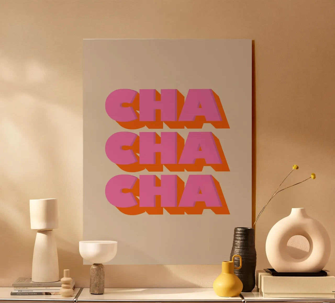 Retro "Cha Cha Cha" Typography Art Print In Pink And Orange plexiglass da showmemars
