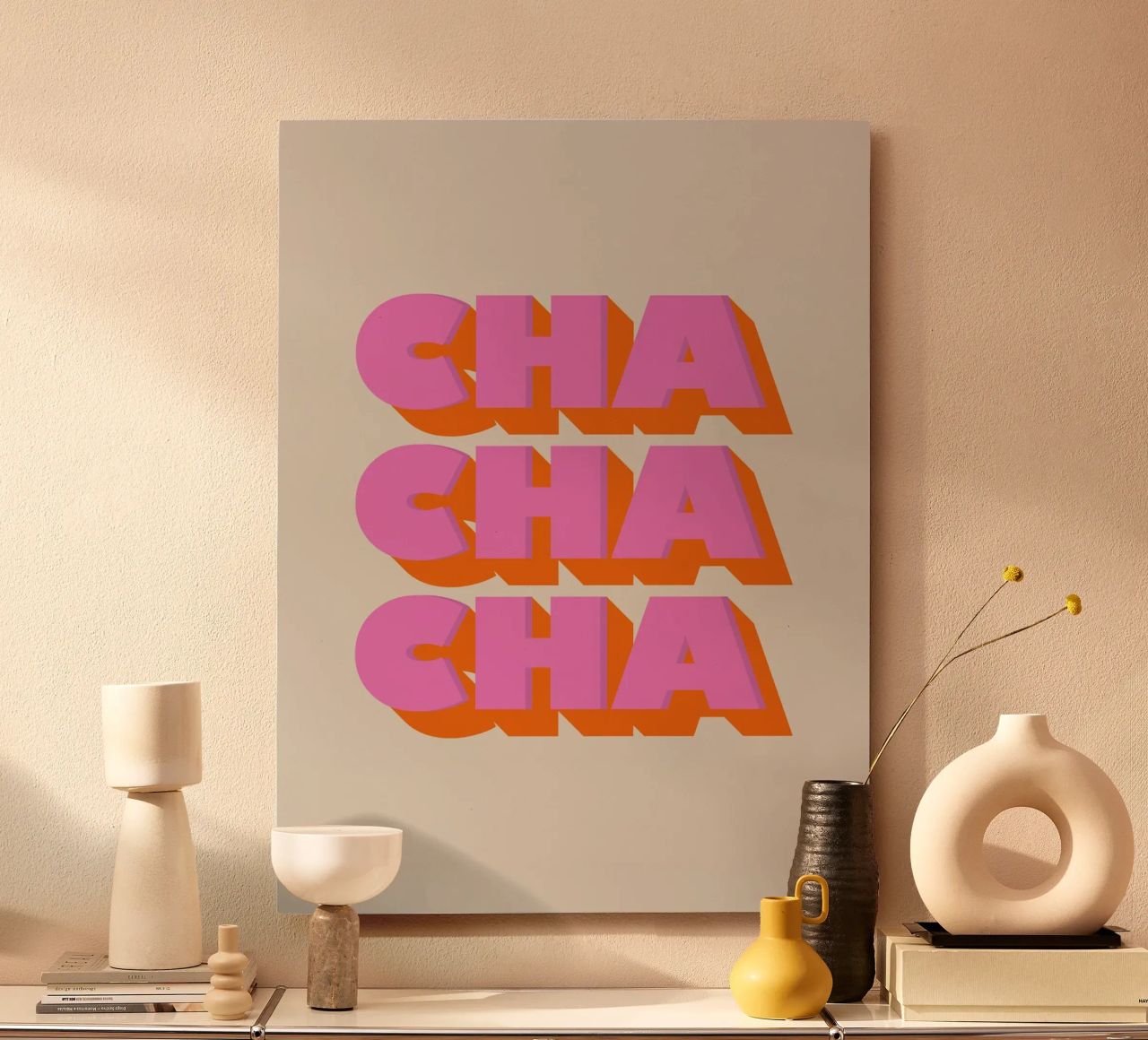 Retro "Cha Cha Cha" Typography Art Print In Pink And Orange alluminio dibond da showmemars