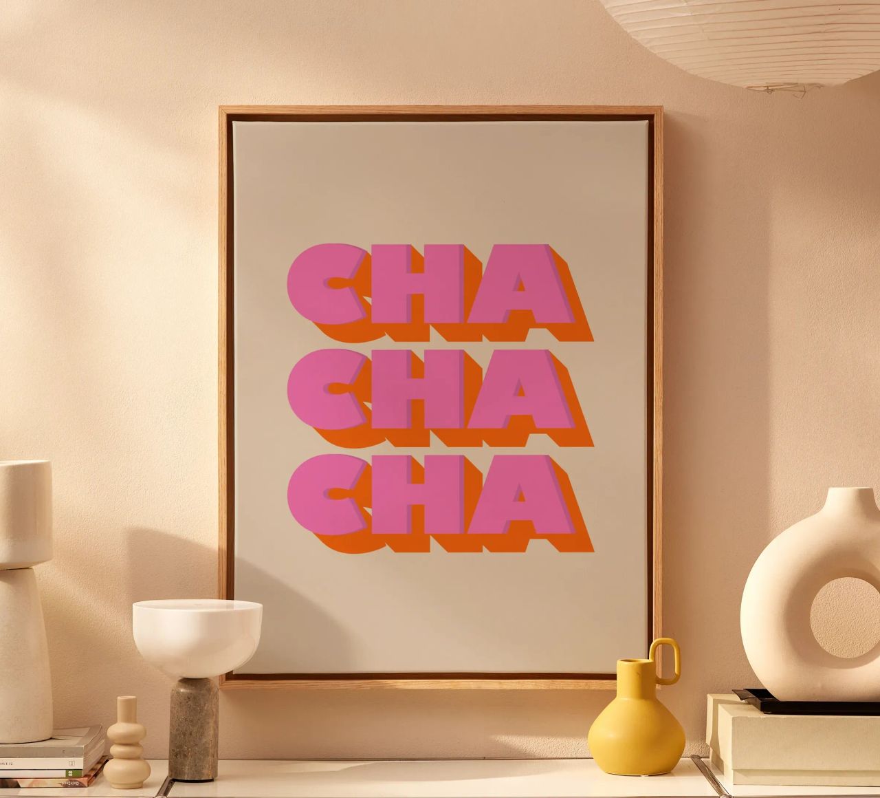 Retro "Cha Cha Cha" Typography Art Print In Pink And Orange canvas by showmemars