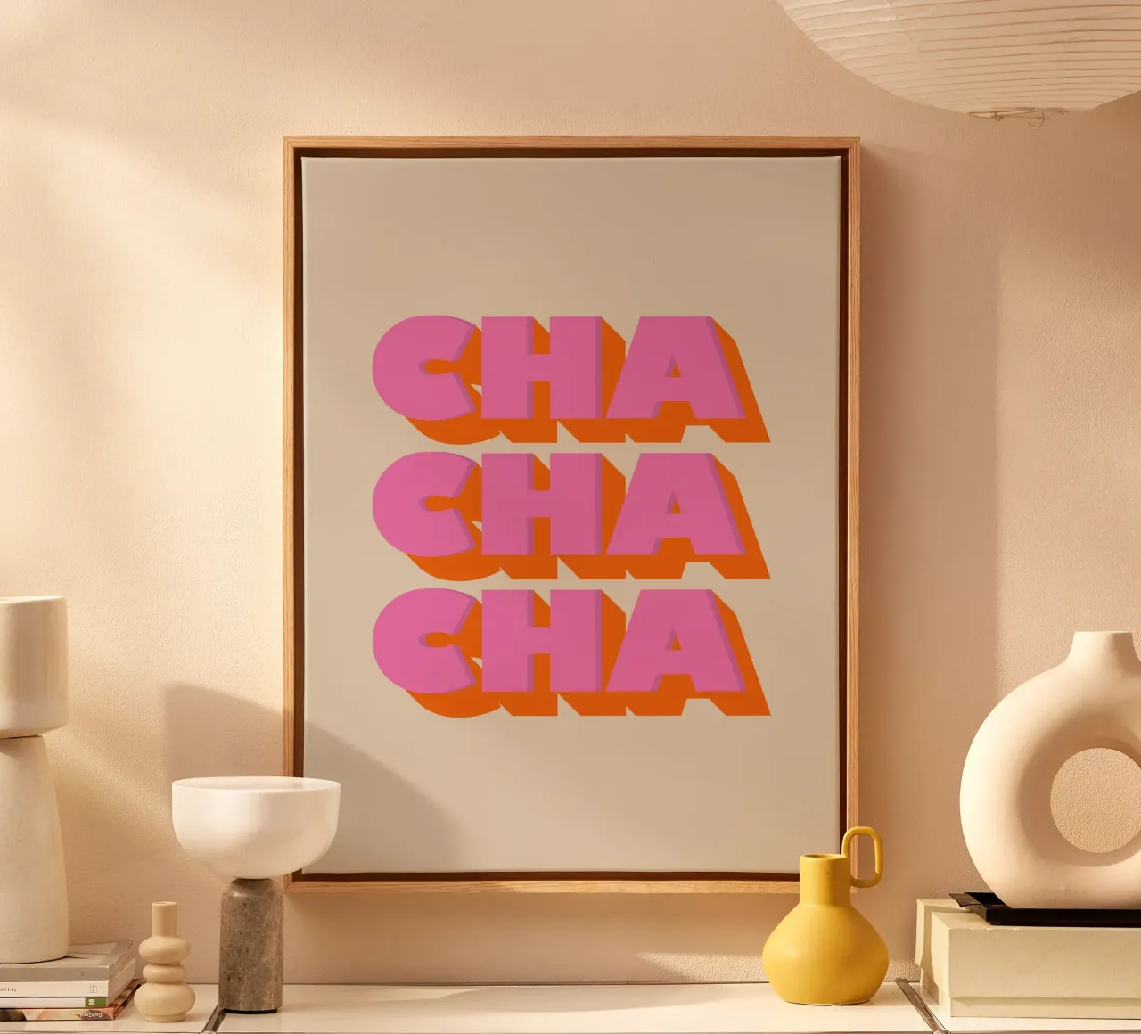 Retro "Cha Cha Cha" Typography Art Print In Pink And Orange canvas by showmemars