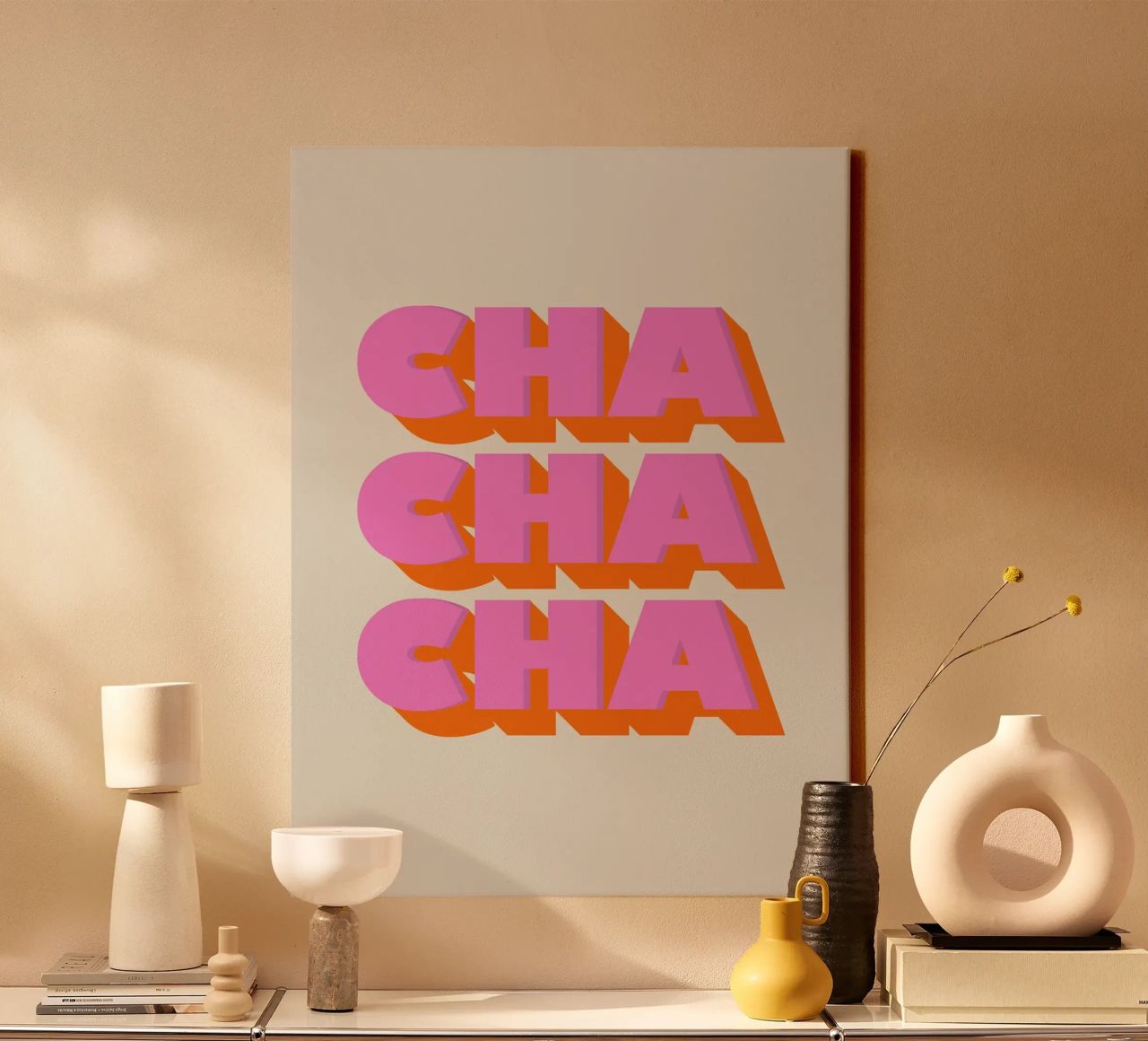 Retro "Cha Cha Cha" Typography Art Print In Pink And Orange canvas by showmemars