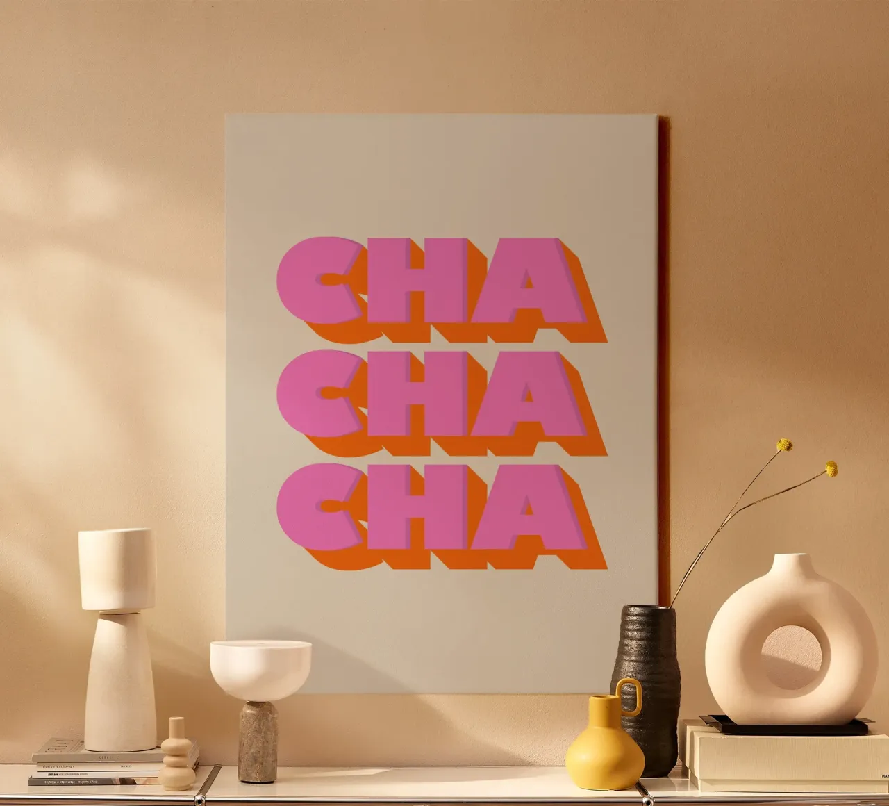 Retro "Cha Cha Cha" Typography Art Print In Pink And Orange tela da showmemars