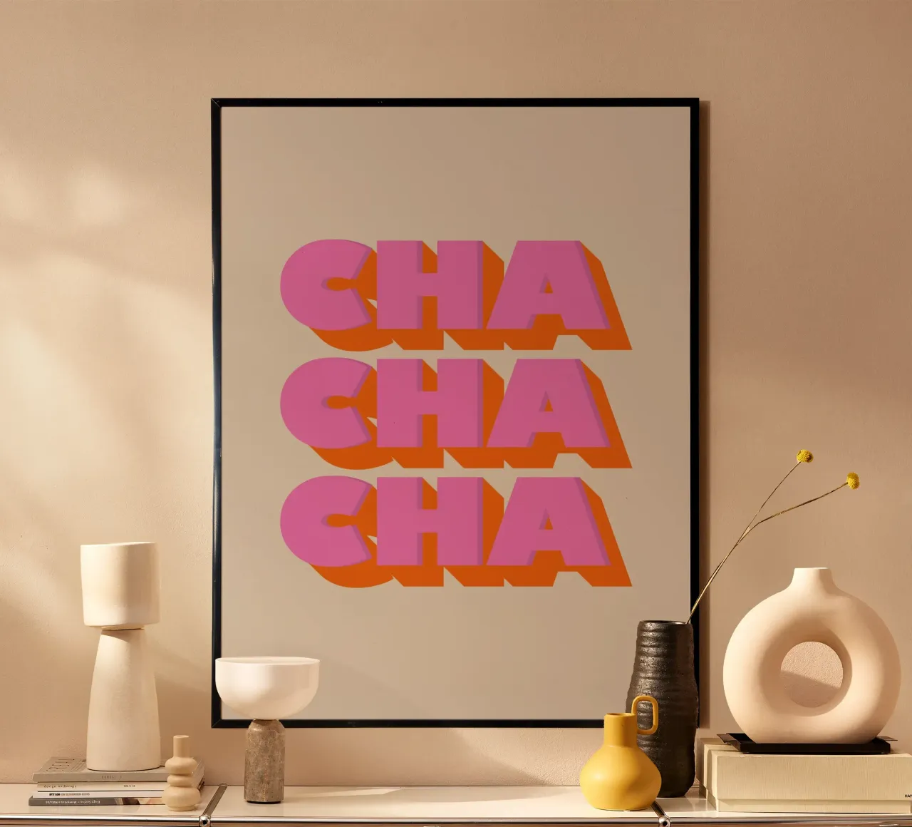 Retro "Cha Cha Cha" Typography Art Print In Pink And Orange carta hahnemühle da showmemars