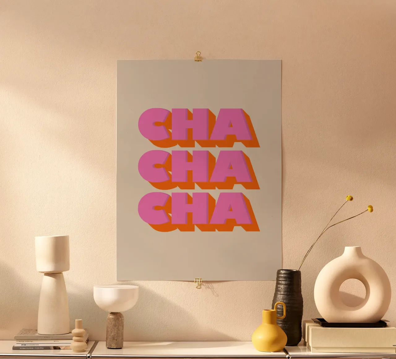 Retro "Cha Cha Cha" Typography Art Print In Pink And Orange carta hahnemühle da showmemars