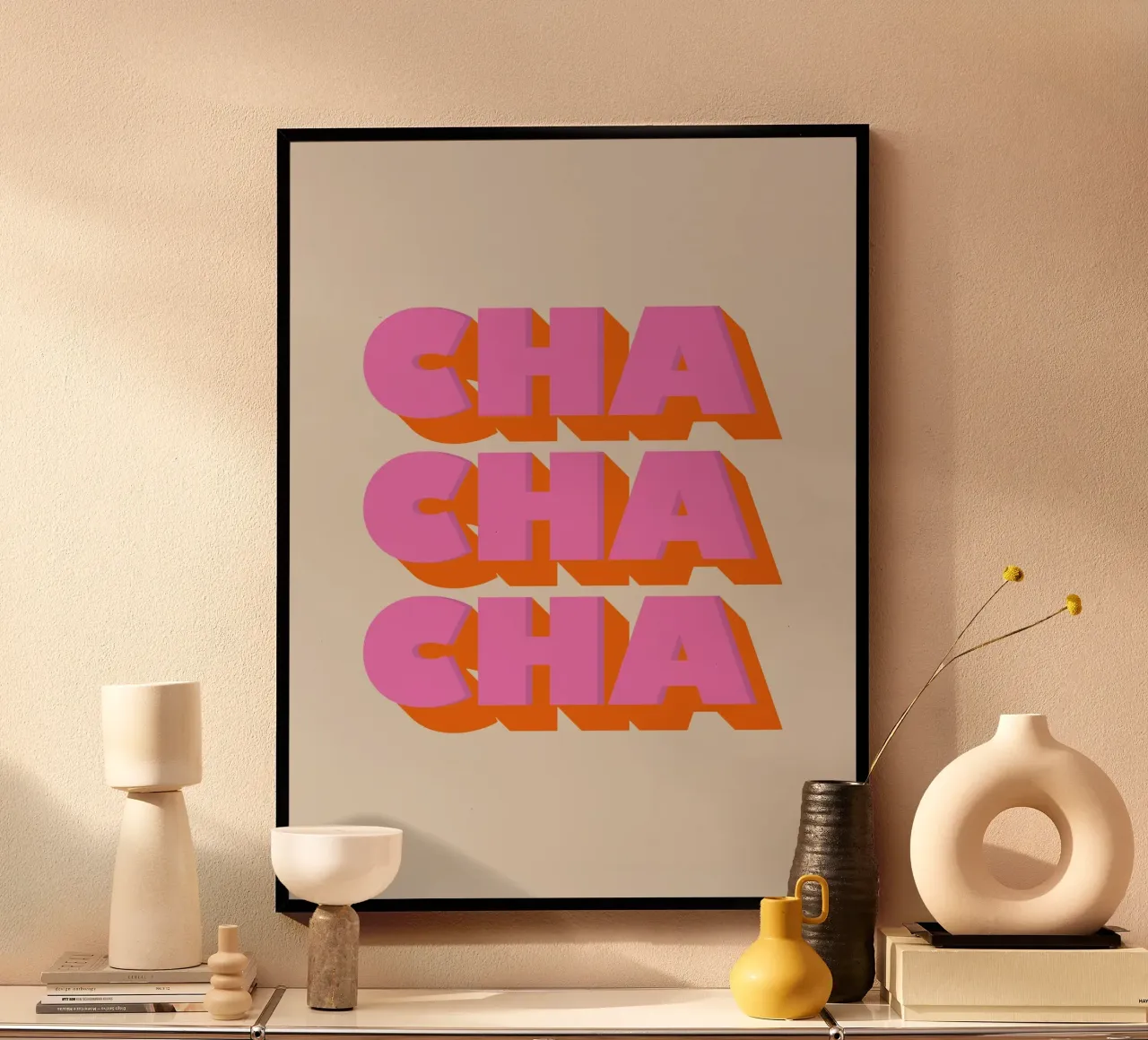 Retro "Cha Cha Cha" Typography Art Print In Pink And Orange carta hahnemühle da showmemars