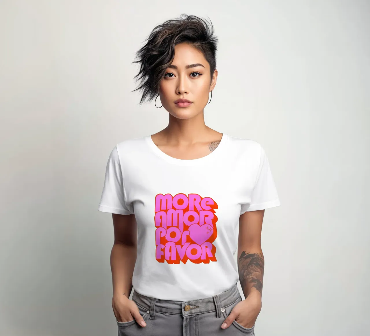 Retro "More Amor Por Favor" Art Print in Pink and Orange women's fitted t-shirt by showmemars