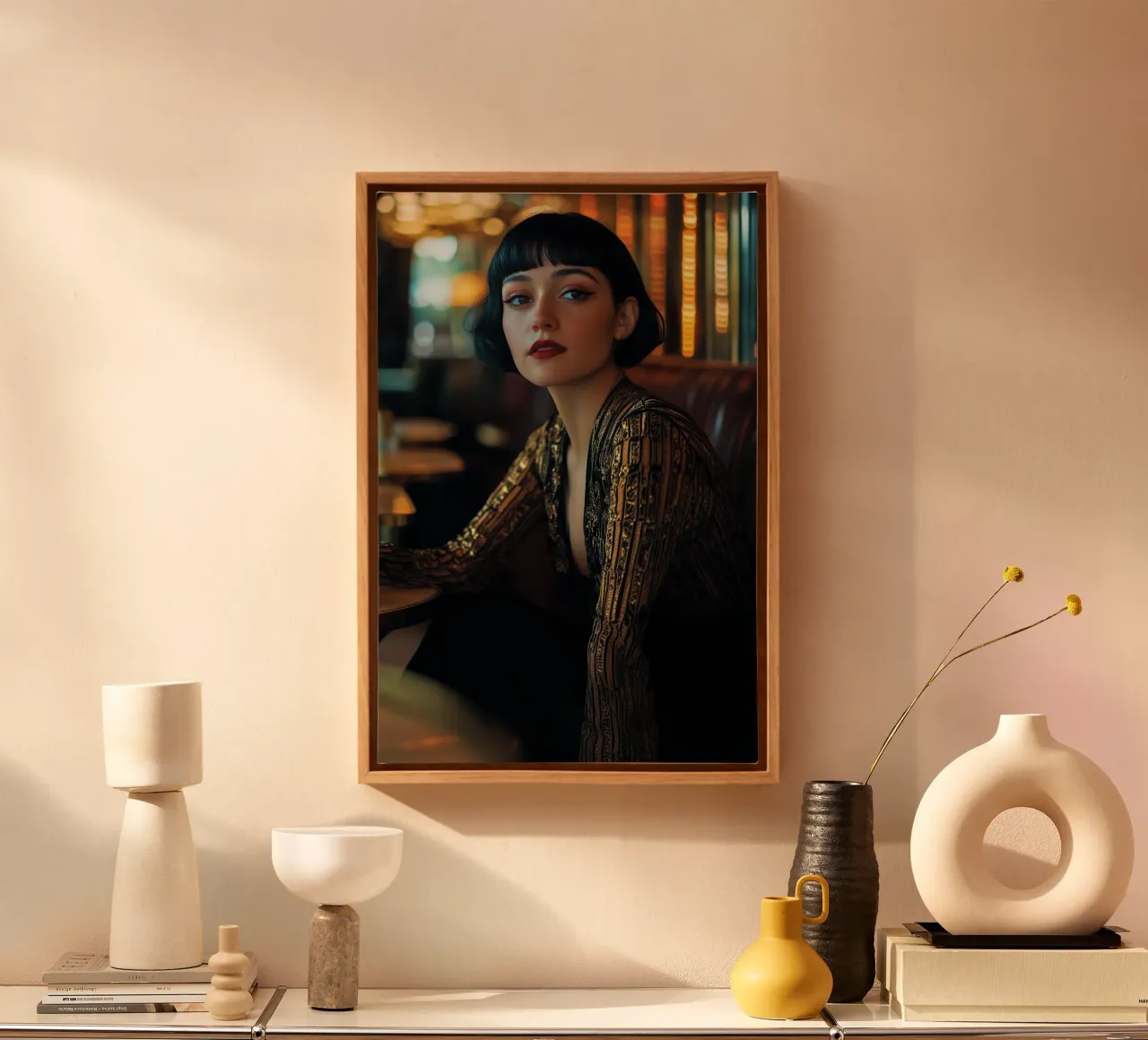 Café Society - Elegant Art Deco Portrait Print tela con Cornice a cassetta da Synthaira
