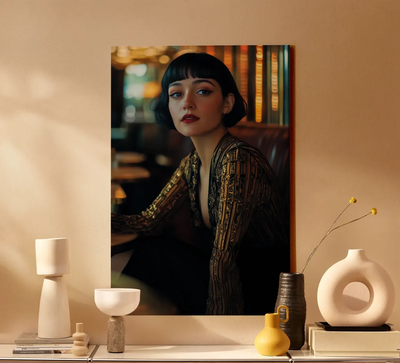 Café Society - Elegant Art Deco Portrait Print tela con Cornice a cassetta da Synthaira